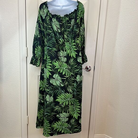 Shein XL Tropical Palm Short Romper Flowing Dress On Off Shoulder Elastic Chest - Picture 6 of 8